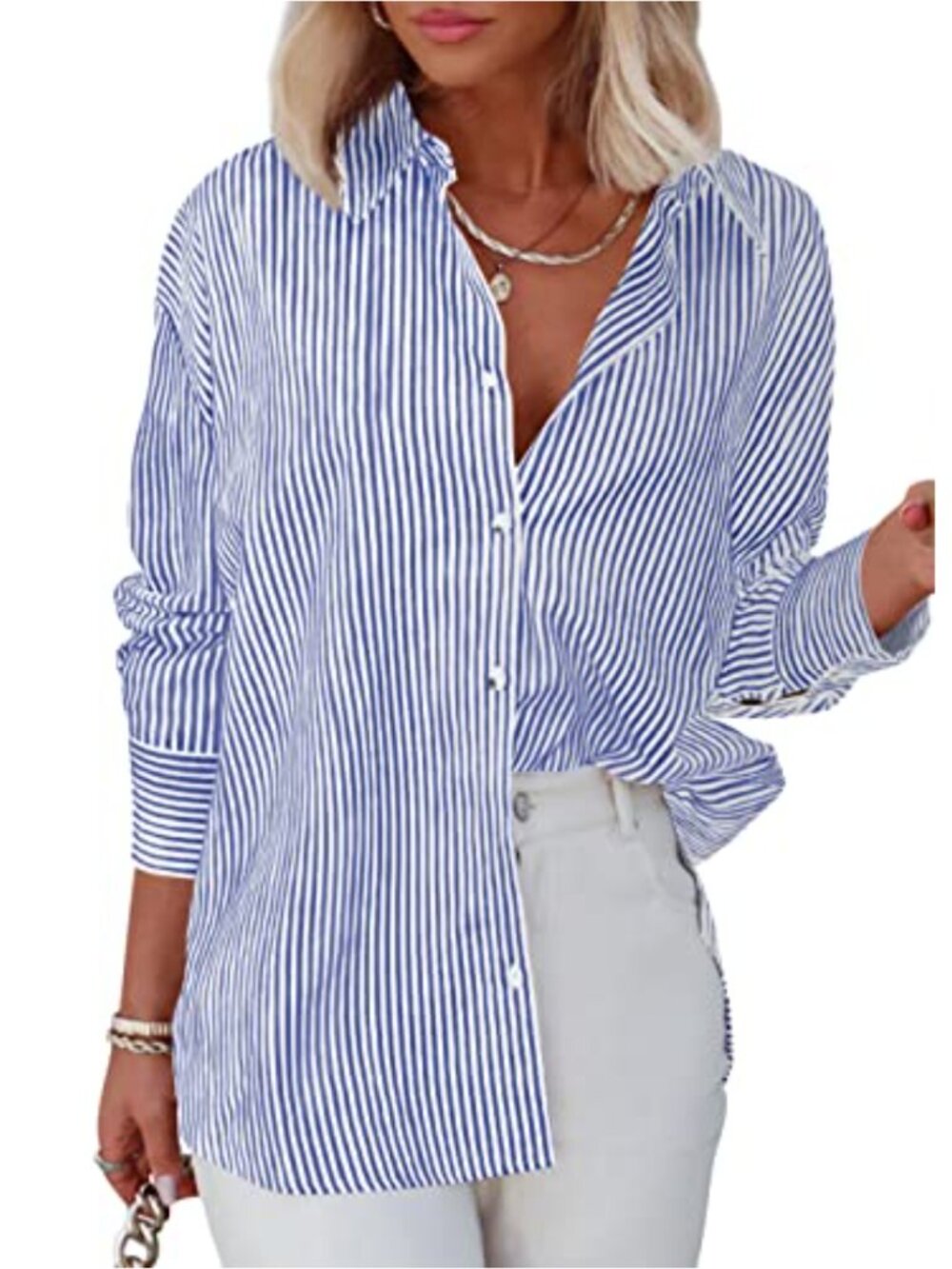 Women's Striped Button Down Shirt Long Sleeve Collared Office Work Blouse